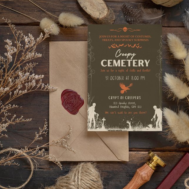 Convite Carrot Orange Cemetery Pearl com Acento Laranja (Creepy Cemetery Pearl with Carrot Orange Accent Invitation Cover from The Beekeeper Store)