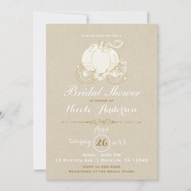 Convite Carruagem Cinderela Kraft Casamento Moderno Dourad (Frente)