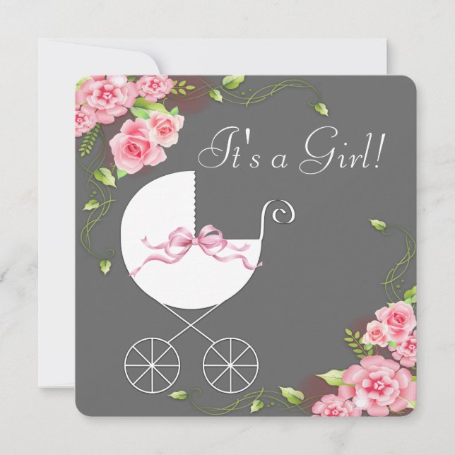 Convite Carruagem Cinza Rosa Rosa Bebê Invasões (Frente)