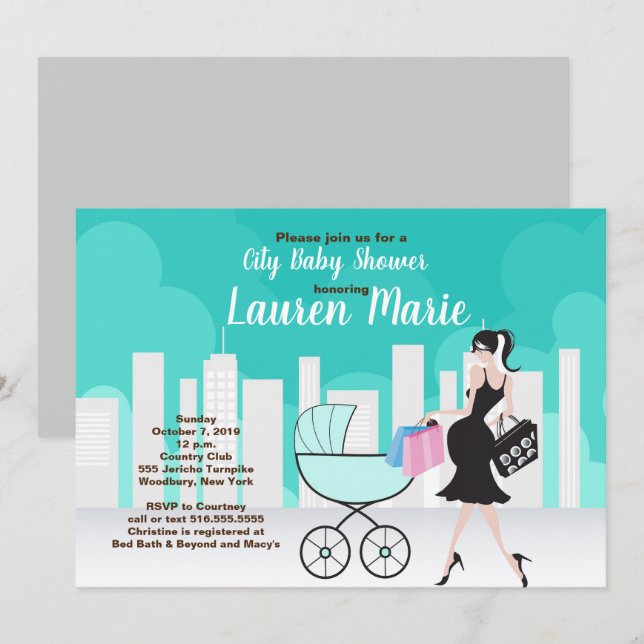 Convite Carruagem da cidade Chá de fraldas de mãe grávida  (Frente/Verso)