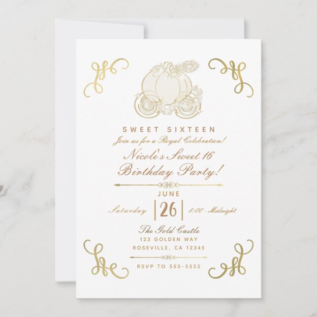 Convite Carruagem de Abóbora Dourada do Ouro Real Festa Do (Frente)