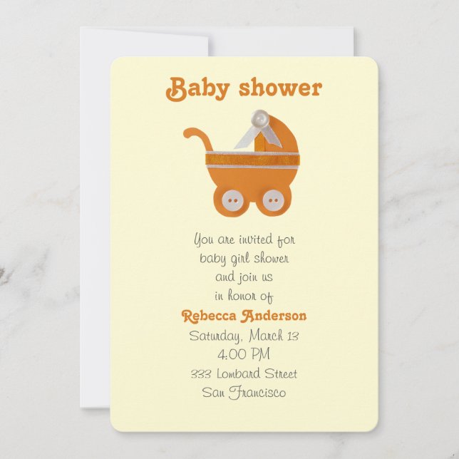 Convite Carruagem de bebê laranja, botão branco para chá d (Frente)