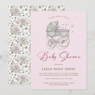Convite Carruagem de Bebê Rosa Vintage Chá de fraldas