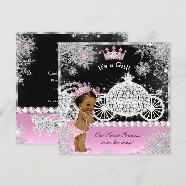 Convite Carruagem de Chuva de Bebê Princesa Étnica Rosa Pr (Frente/Verso)