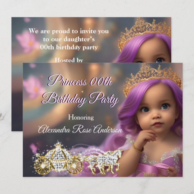 Convite Carruagem de festa de aniversário da princesa roxo (Frente/Verso)