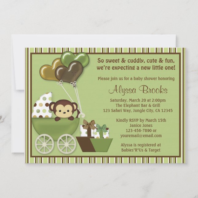 Convite Carruagem de macacos v1 Green Baby Shower Invances (Frente)