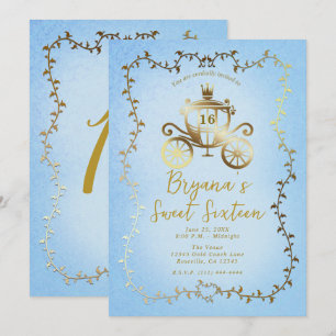 Convite Carruagem de Ouro Elegante Conto Azul Sweet 16