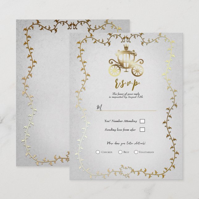 Convite Carruagem de Ouro Elegante História de Casamento e (Frente/Verso)