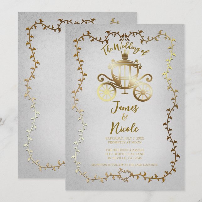 Convite Carruagem de Ouro Elegante História de Casamento e (Frente/Verso)