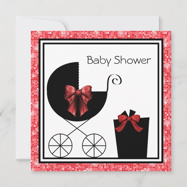 Convite Carruagem de presente, Red & Black Baby Shower Inv (Frente)