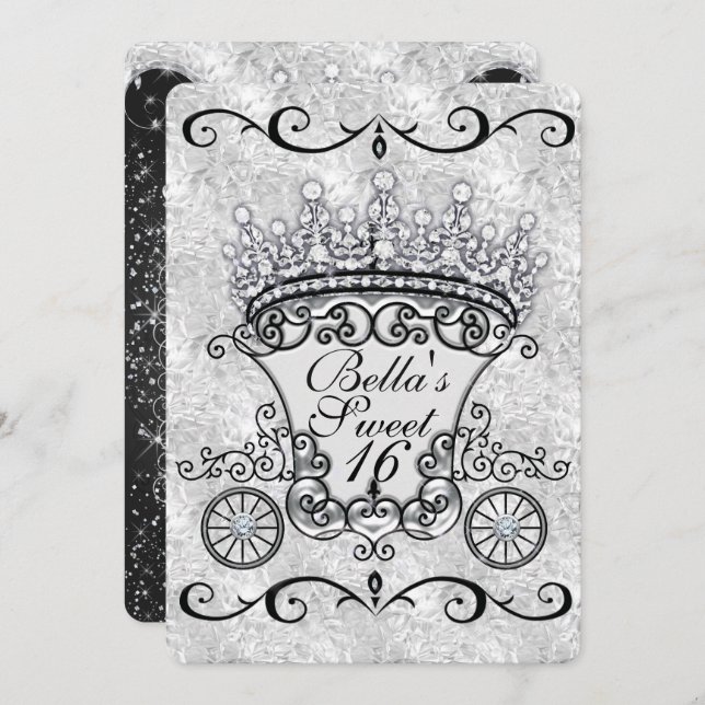 Convite Carruagem de Princesa com Desenho Elegante Preto e (Frente/Verso)