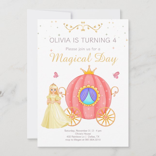 Convite Carruagem de Princesa Dia Mágico de Aniversário de (Frente)