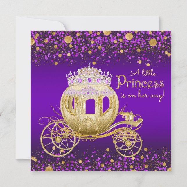 Convite Carruagem de Princesa Roxa e Dourada Chá de Bebê (Frente)