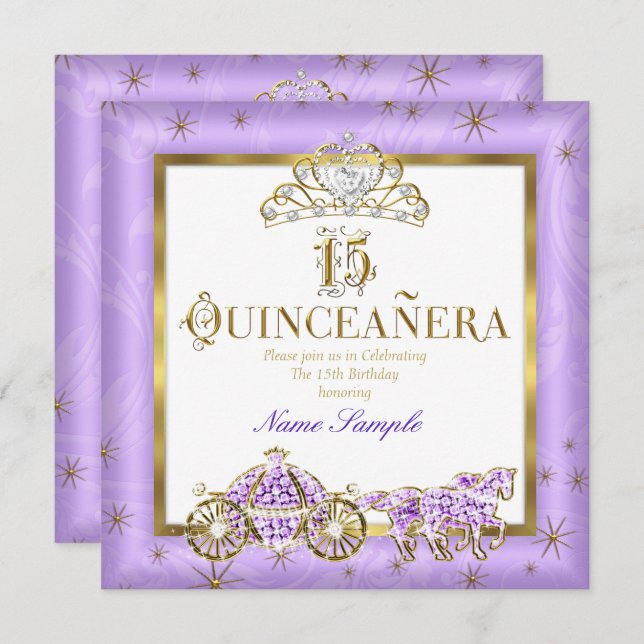 Convite Carruagem de Quinceanera Roxo Dourado de Tiara (Frente/Verso)