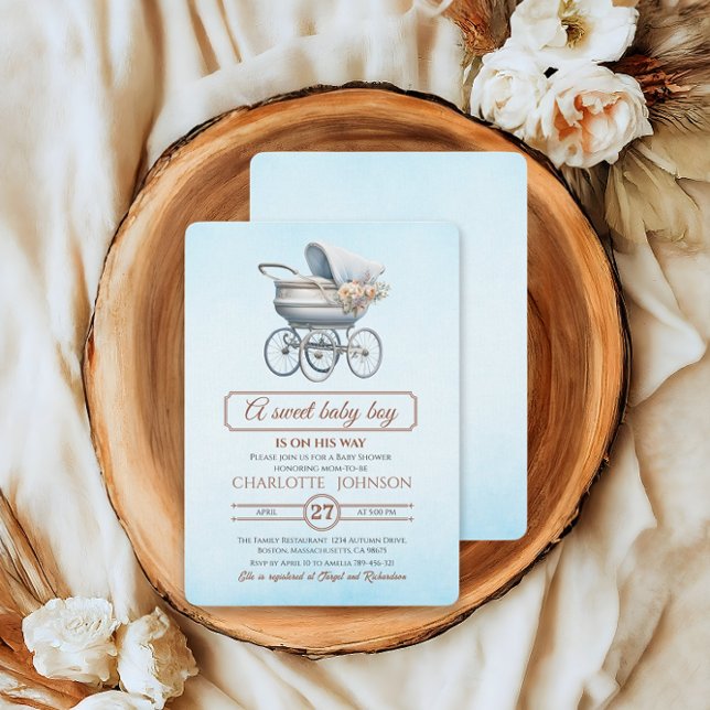 Convite Carruagem Floral Azul Vintage (Criador carregado)