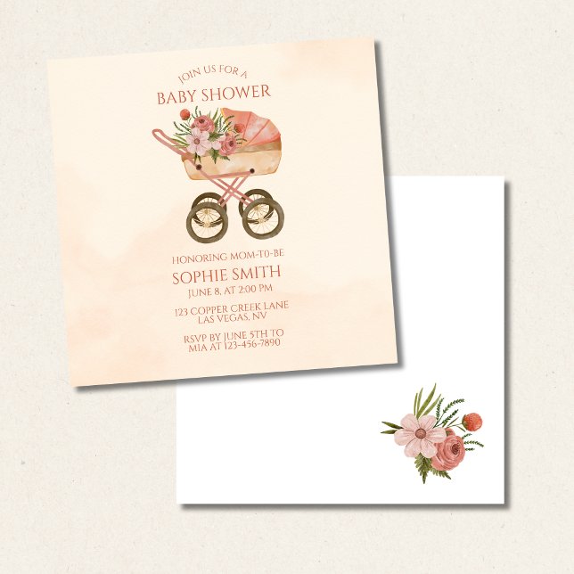 Convite Carruagem Floral Chá de fraldas Quadrado (Criador carregado)