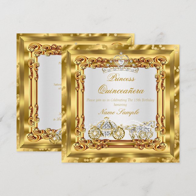 Convite Carruagem Mágica de Cavalos Dourada com Diamantes  (Frente/Verso)
