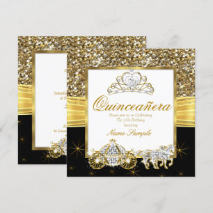 Convite Carruagem Mágica Dourada e Preta de Quinceanera Ca