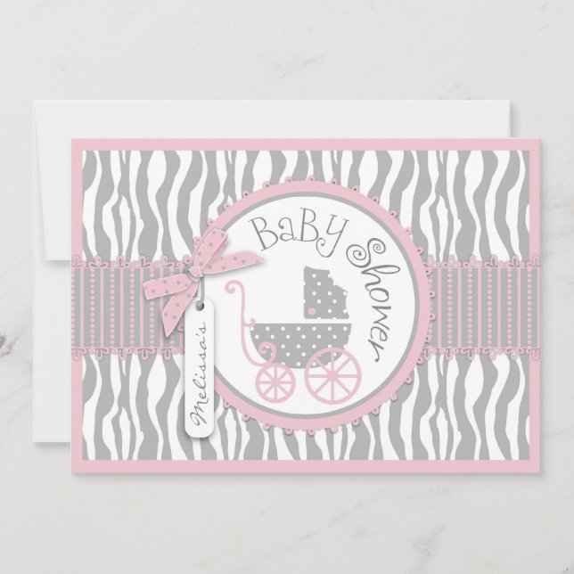 Convite Carruagem para bebês, impressão zebra, Chá de fral (Frente)
