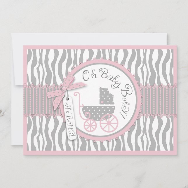 Convite Carruagem para bebês, impressão zebra, Chá de fral (Frente)