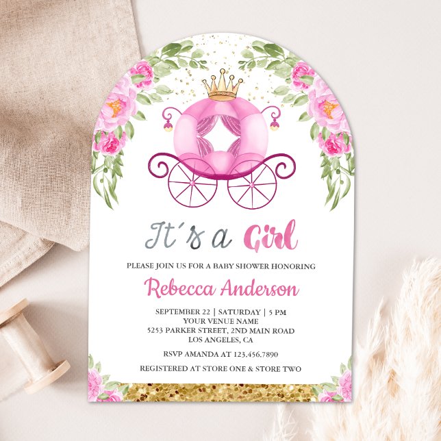 Convite Carruagem Princesa Floral Rosa Chás de Bebê (Criador carregado)
