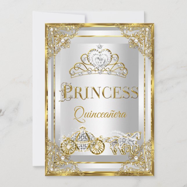 Convite Carruagem Princesa Pérola Dourado Branco Quinceane (Frente)