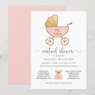 Convite Carruagem Retrópico Dourado Rosa Chá Garota Virt