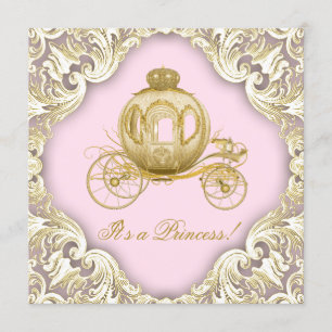 Convite Carruagem Rosa e Dourada Festa de Bebê da Princesa