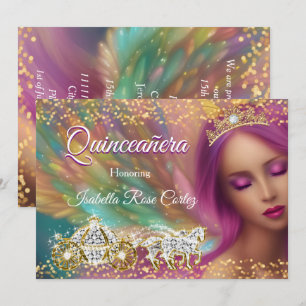 Convite Carruagem Roxa Rosa Dourada Fada Quinceañera