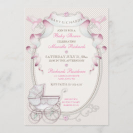 Convite Carruagem Vintage Aves de Gingham, Rosa-de-Marfim