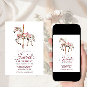 Convite Carrusel Rosa Aquarela para Aniversário de Menina