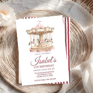 Convite Carrusel Rosa Aquarela para Aniversário de Menina