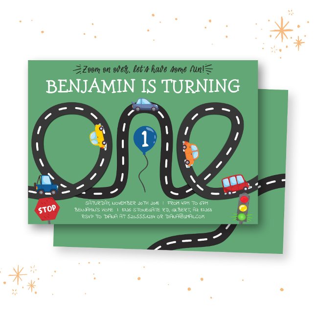 Convite Cars on Roads 1st Birthday Invitation (Criador carregado)