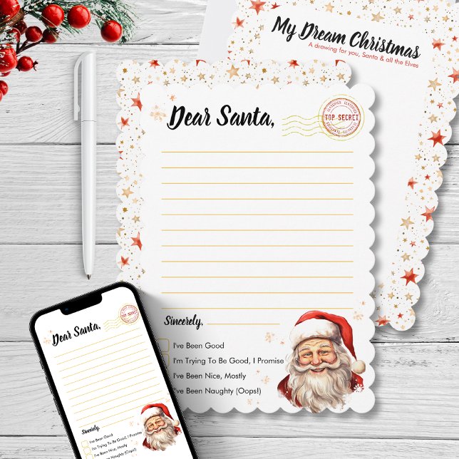 Convite Carta aos Papais noeis Atividade de Desenho para N (Letter to Santa Drawing Activity for kid Christmas dear santa claus wish red gold star creative)