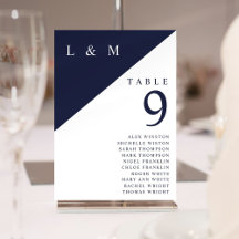 Carta de Assentos Número de Mesa Monograma Azul e 