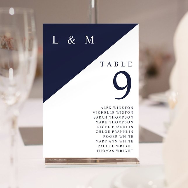 Convite Carta de Assentos Número de Mesa Monograma Azul e  (Navy And White Monogram Table Number Seating Chart)