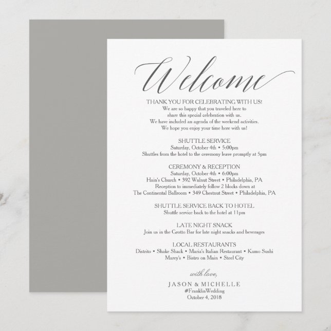 Convite Carta de Boas-Vindas ao Casamento com Letra Cinza (Frente/Verso)