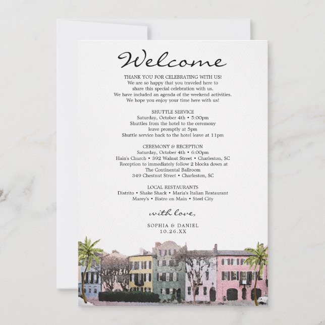 Convite Carta de Boas-Vindas para Casamento em Charleston  (Frente)
