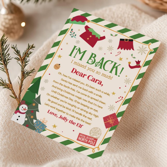 Convite Carta de Chegada de Natal do Elf (I'm Back Letter from Elf Christmas Arrival Letter Card)