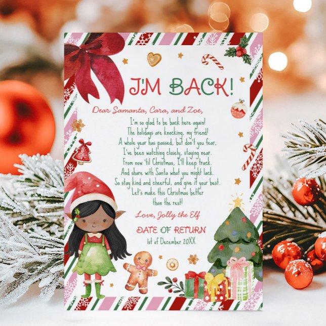 Convite Carta de Natal da Menina da Carta do Elfo (Christmas Dark Black Hair Dark Brown Girl Letter from Elf Letter Card)
