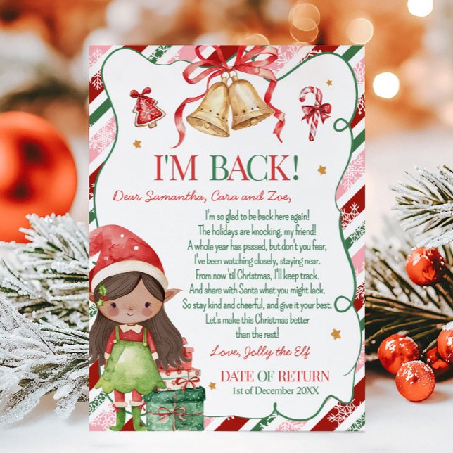 Convite Carta de Natal da Menina Elfo (Letter from Elf Christmas Brown Hair Light Brown Girl Letter Card )