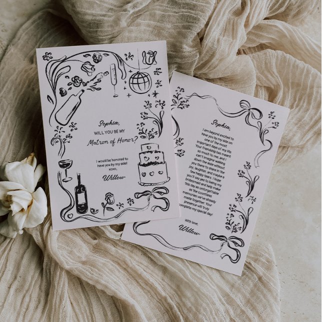 Convite Carta de Proposta de Honra Desenhada Mão (Matron of Honor proposal card)