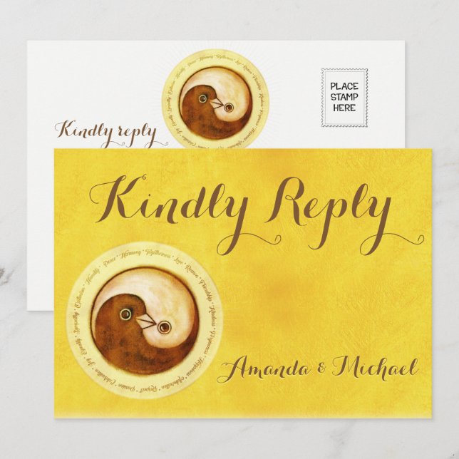 Convite CARTA DE RESPOSTA DE CASAMENTO Gold YinYang pombas (Frente/Verso)