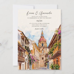 Convite Cartagena Colômbia Paisagem Urbana Casamento Aquar