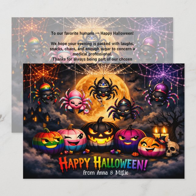 Convite 🕷️🌈Cartão do Pomar de Abóboras Arco-Íris LGBT (Frente/Verso)