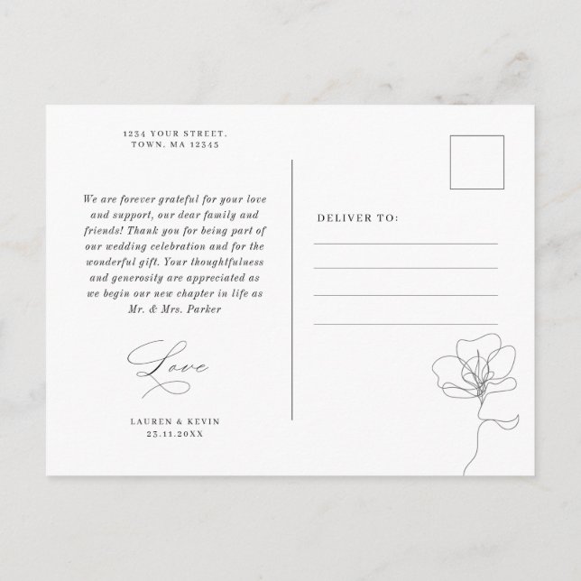 Convite Cartão postal com obrigado de flor desenhado à mão (Verso)