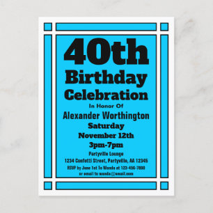 Convite Cartão postal de 40º aniversário azul brilhante