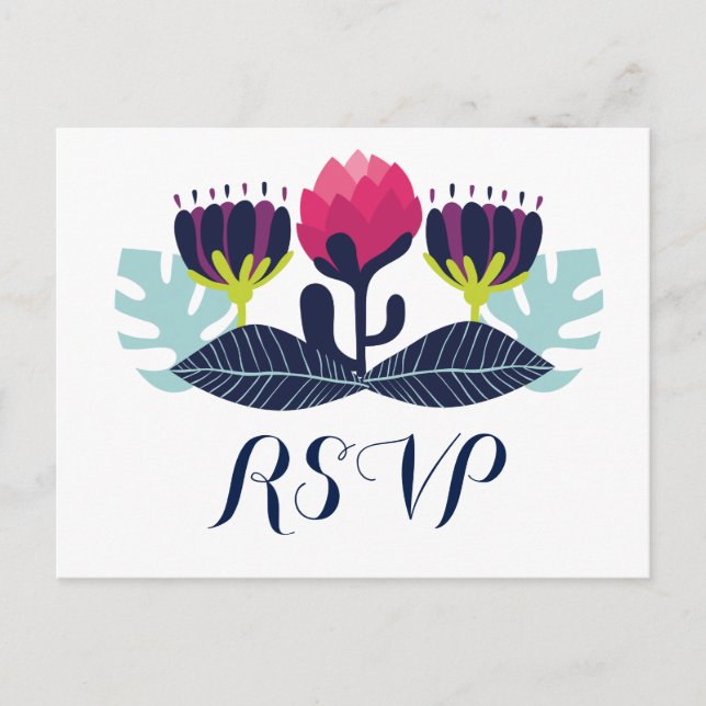 Convite Cartão postal de Casamento Floral Funky RSVP (Frente)