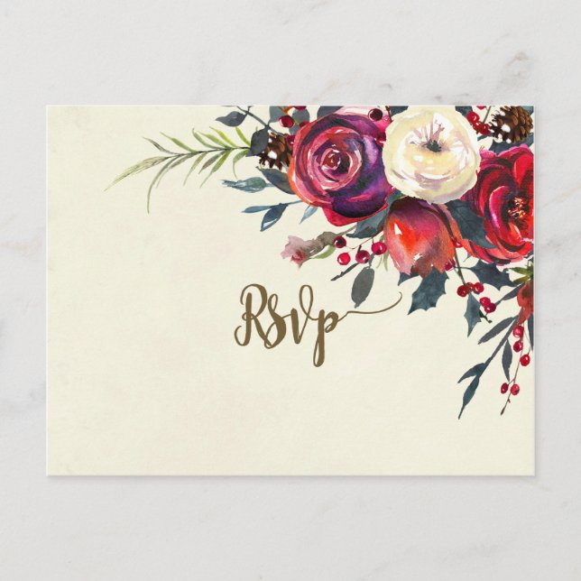 Convite cartão postal de casamento rsvp de inverno floral (Frente)