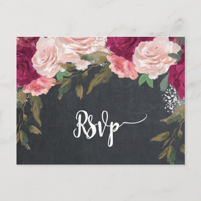 Convite cartão postal de casamento rsvp floral burgundy (Frente)